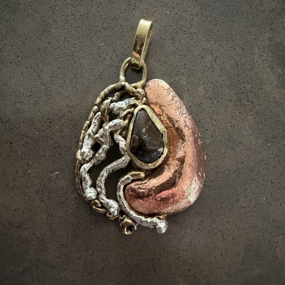 Vtg Brutalist Pendant Artisan Abstract Mixed Metal Brass/Copper Natural Stone